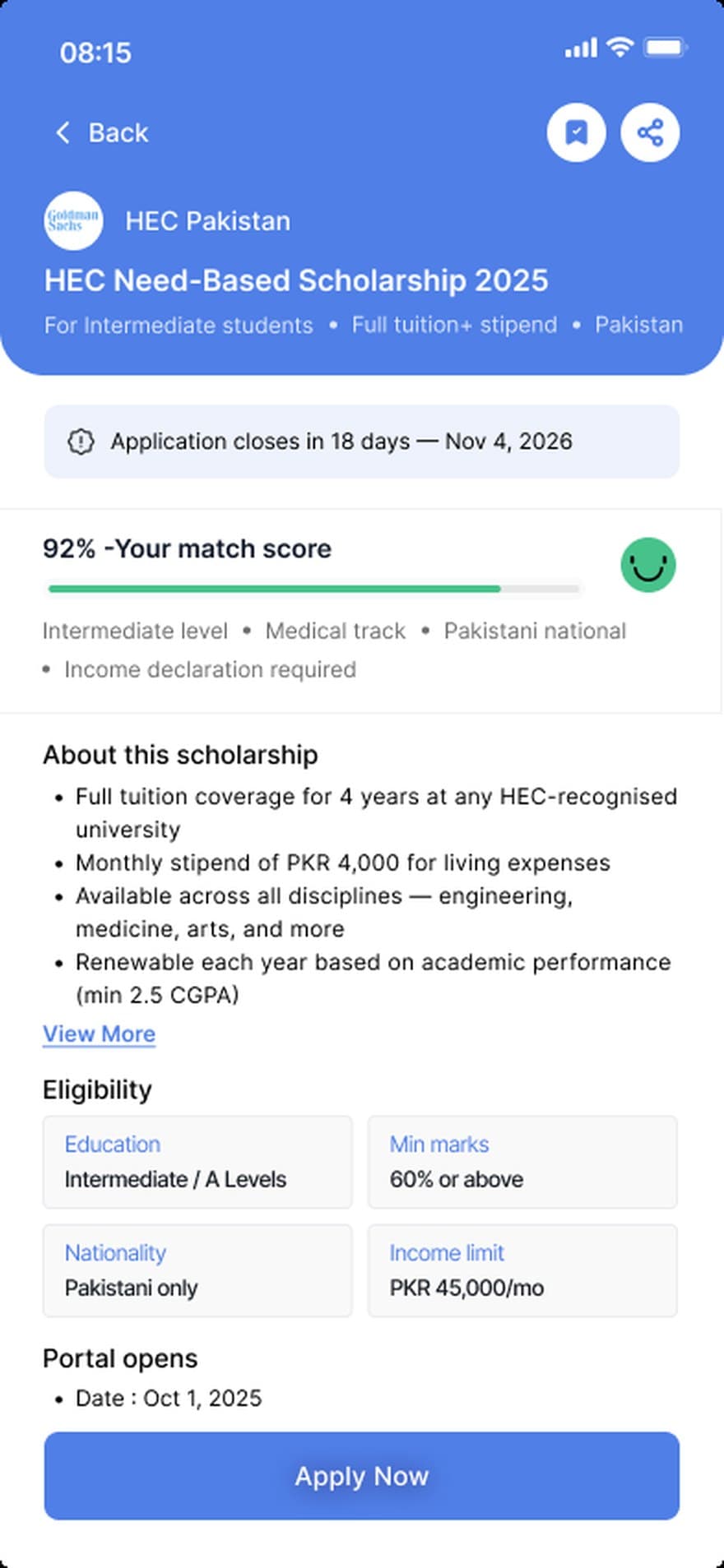 Scholarship details on Z Connect app